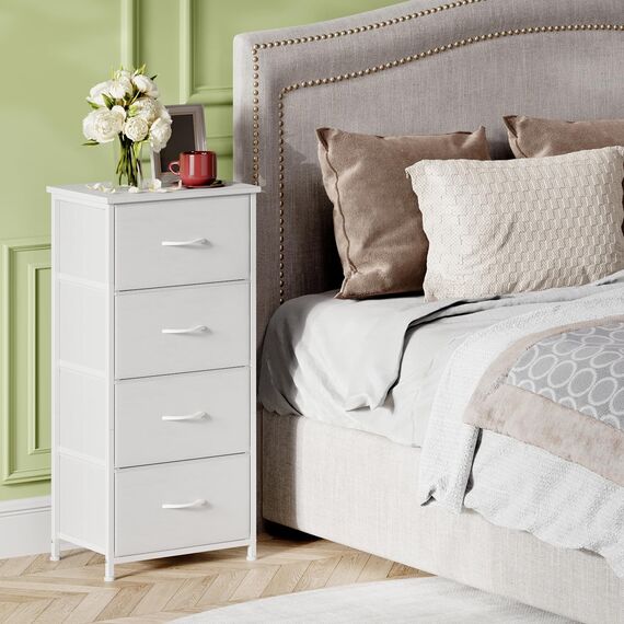 Somdot Kommode mit Schubladen, Kommode Schlafzimmer Wohnzimmer Flur, Komodenschrank Schubladenschrank Aufbewahrungsschrank Stoffkommode, 4 Stoffschubladen, Weiß, 30T x 42B x 93H cm