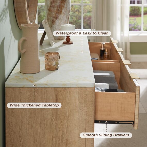 T4TREAM Geriffelte Kommode mit 6 Schubladen, 137,2 cm breit, moderne Kommode mit Kunstmarmor-Oberseite, gebogenes Profil-Design, Kommode, TV-Ständer, Holz-Schubladen-Organizer für Schlafzimmer,