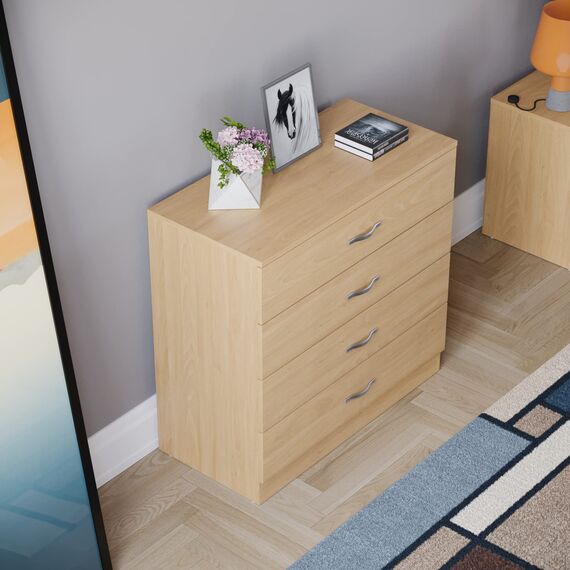 Vida Designs Riano Kommode aus Kiefernholz, 4 Schubladen mit Metallgriffen und Laufschienen, einzigartige Anti-Verbiegung Schubladenstütze Riano Schlafzimmermöbel