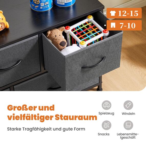 Sweetcrispy Kommode,Sideboard Wohnzimmer für Schlafzimmer mit 5 Stoffschubladen,Einstellbare Füße Schubladenschrank,Komodenschrank für Schlafzimmer,Modernes Grau