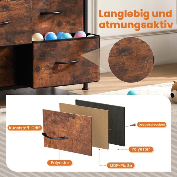 Sweetcrispy Kommode,Sideboard Wohnzimmer für Schlafzimmer mit 9 Stoffschubladen,Einstellbare Füße Schubladenschrank,Komodenschrank für Schlafzimmer,Modernes Braun
