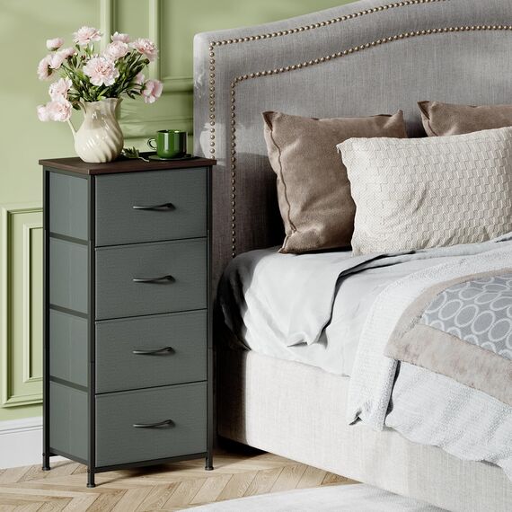 Somdot Kommode mit Schubladen, Kommode Schlafzimmer Wohnzimmer Flur, Komodenschrank Schubladenschrank Aufbewahrungsschrank Stoffkommode, 4 Stoffschubladen, Kohlegrau, 30T x 42B x 93H cm