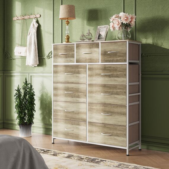 WLIVE Hohe Kommode für Schlafzimmer, Stoffkommode, Aufbewahrungsturm, Kommode und Kommode, Organizer mit 11 Schubladen, Aufbewahrungsschrank, Flur, Schränke, Stahlrahmen, Holzplatte (Greige)