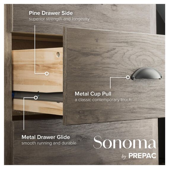 Prepac Salt Spring DDC-2354 rustikale Kommode mit 6 Schubladen, hohe Kommode für Schlafzimmer, Bauernhaus-Kommode, 48,3 cm T x 59,1 cm B x 134 cm H, Treibgrau, Grau