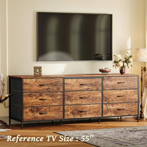 Huuger 160 cm Kommode für Schlafzimmer, Kommode für Schrank mit 9 Schubladen, großer TV-Ständer für 55, 65, 70 Zoll Fernseher, Unterhaltungszentrum mit Stauraum, breite lange Kommode, rustikales Braun