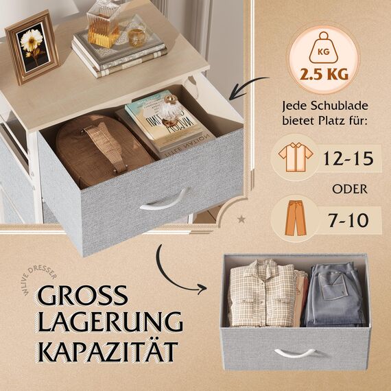 WLIVE Kommode mit 4 Schubladen aus Stoff, Kommodenschrank für Schlafzimmer, Kommode Wohnzimmer, mit Stabiler Stahlrahmen, Holzplatte, Hellgrau