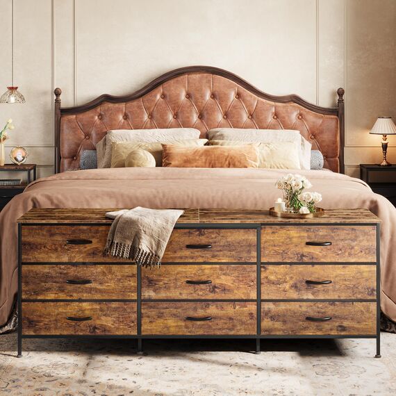 Huuger 160 cm Kommode für Schlafzimmer, Kommode für Schrank mit 9 Schubladen, großer TV-Ständer für 55, 65, 70 Zoll Fernseher, Unterhaltungszentrum mit Stauraum, breite lange Kommode, rustikales Braun