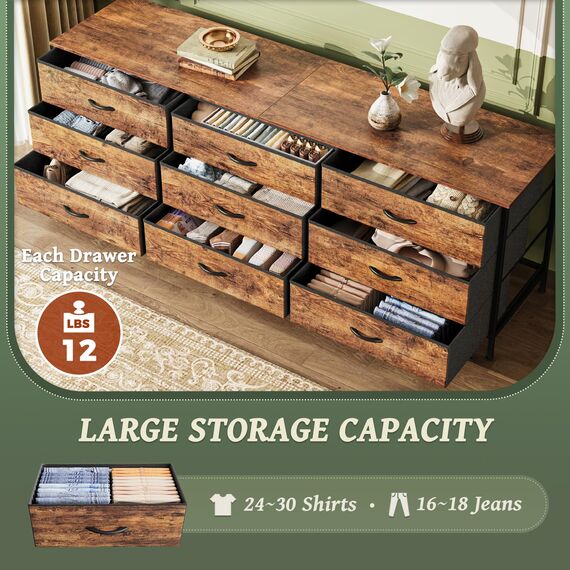 Huuger 160 cm Kommode für Schlafzimmer, Kommode für Schrank mit 9 Schubladen, großer TV-Ständer für 55, 65, 70 Zoll Fernseher, Unterhaltungszentrum mit Stauraum, breite lange Kommode, rustikales Braun