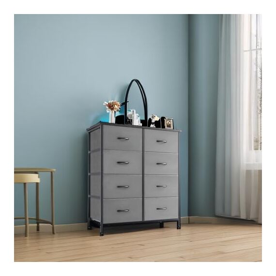 DUMOS Kommode für Schlafzimmer mit 8 Stoffschubladen, hohe Kommode Organizer für Kleidung, Schrank Kinderzimmer, Aufbewahrungsturm mit Schrank, Metallrahmen, Holzplatte, leichte Kinderzimmermöbel