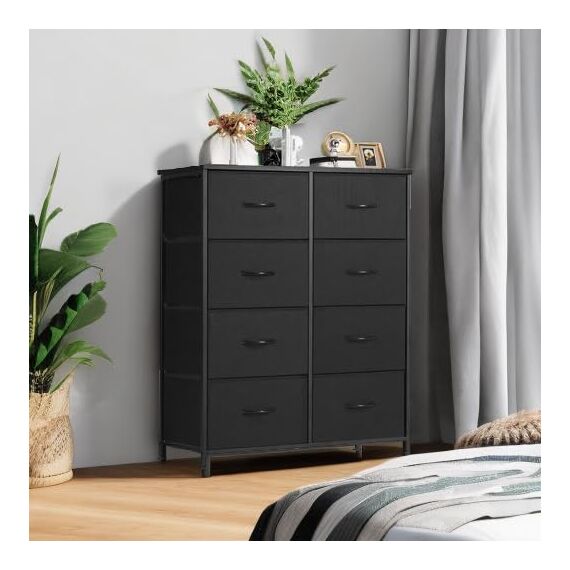 DUMOS Kommode für Schlafzimmer mit 8 Stoffschubladen hohe Kommode Organizer für Kleidung Schrank Kinderzimmer Aufbewahrungsturm mit Schrank Metallrahmen Holzplatte leichte Kinderzimmermöbel