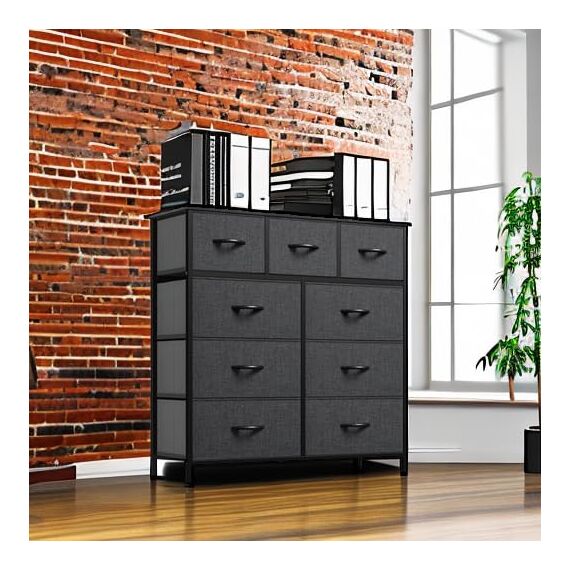 YITAHOME Kommode mit Schubladen, Schrank mit 9 Schubladen aus Stoff, Aufbewahrungskommode Industrial Stil für Schlafzimmer, Wohnzimmer, Kinderzimmer, Flur, Aufbewahrungsschrank (Schwarzgrau)
