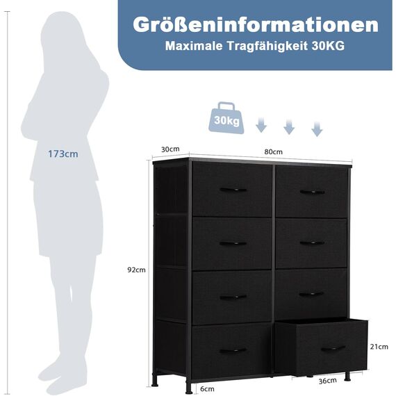 DUMOS Kommode für Schlafzimmer mit 8 Stoffschubladen hohe Kommode Organizer für Kleidung Schrank Kinderzimmer Aufbewahrungsturm mit Schrank Metallrahmen Holzplatte leichte Kinderzimmermöbel