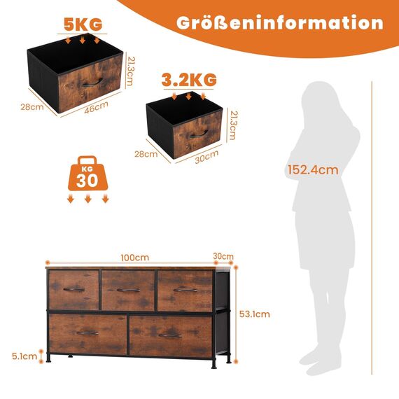 Sweetcrispy Kommode,Sideboard Wohnzimmer für Schlafzimmer mit 5 Stoffschubladen,Einstellbare Füße Schubladenschrank,Komodenschrank für Schlafzimmer,Modernes Braun
