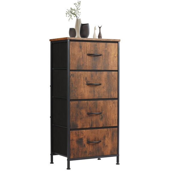 Sweetcrispy Kommode mit 4 Schubladen, Stoff Schubladenschrank, Schmal Schrank, Kommode Schlafzimmer, Industrial Stil für Wohnzimmer, Kinderzimmer, Flur Aufbewahrungsschrank, Antike Holzfarbe