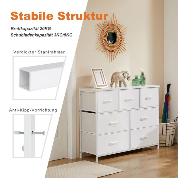 DUMOS Kommode für Schlafzimmer mit 7 Stoffschubladen hohe Kommode Organizer für Kleidung Schrank Kinderzimmer Aufbewahrungsturm mit Schrank Metallrahmen Holzplatte leichte Kinderzimmermöbel