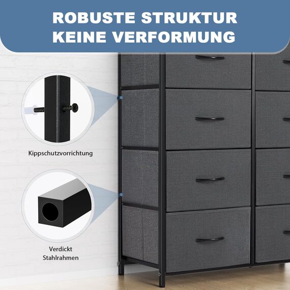 DUMOS Kommode für Schlafzimmer mit 8 Stoffschubladen hohe Kommode Organizer für Kleidung Schrank Kinderzimmer Aufbewahrungsturm mit Schrank Metallrahmen Holzplatte leichte Kinderzimmermöbel