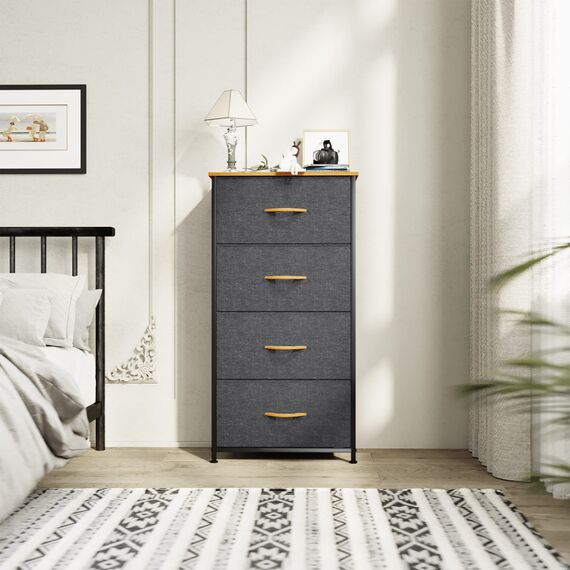 YITAHOME Kommode mit Schubladen, Schrank mit 4 Schubladen aus Stoff, Aufbewahrungskommode Industrial Stil für Schlafzimmer, Wohnzimmer, Kinderzimmer, Flur, Aufbewahrungsschrank (Dunkelgrau)