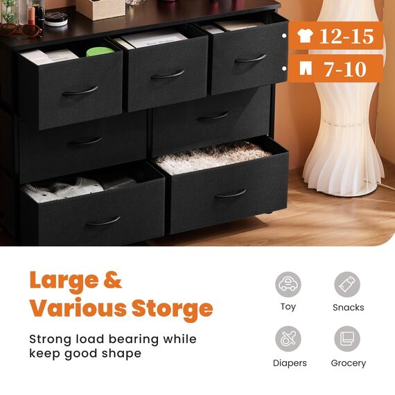 DUMOS Kommode für Schlafzimmer mit 7 Stoffschubladen hohe Kommode Organizer für Kleidung Schrank Kinderzimmer Aufbewahrungsturm mit Schrank Metallrahmen Holzplatte leichte Kinderzimmermöbel