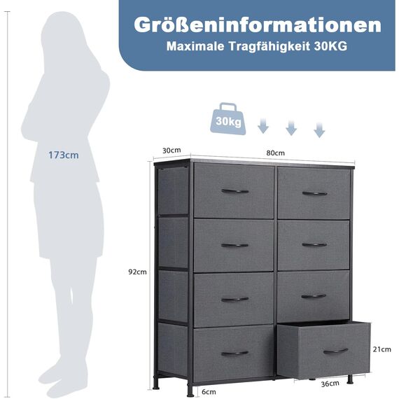 DUMOS Kommode für Schlafzimmer mit 8 Stoffschubladen hohe Kommode Organizer für Kleidung Schrank Kinderzimmer Aufbewahrungsturm mit Schrank Metallrahmen Holzplatte leichte Kinderzimmermöbel