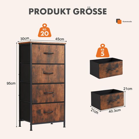 Sweetcrispy Kommode mit 4 Schubladen, Stoff Schubladenschrank, Schmal Schrank, Kommode Schlafzimmer, Industrial Stil für Wohnzimmer, Kinderzimmer, Flur Aufbewahrungsschrank, Antike Holzfarbe