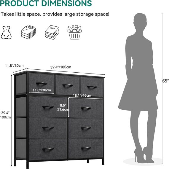 YITAHOME Kommode mit Schubladen, Schrank mit 9 Schubladen aus Stoff, Aufbewahrungskommode Industrial Stil für Schlafzimmer, Wohnzimmer, Kinderzimmer, Flur, Aufbewahrungsschrank (Schwarzgrau)