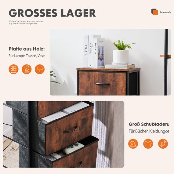 Sweetcrispy Kommode mit 4 Schubladen, Stoff Schubladenschrank, Schmal Schrank, Kommode Schlafzimmer, Industrial Stil für Wohnzimmer, Kinderzimmer, Flur Aufbewahrungsschrank, Antike Holzfarbe