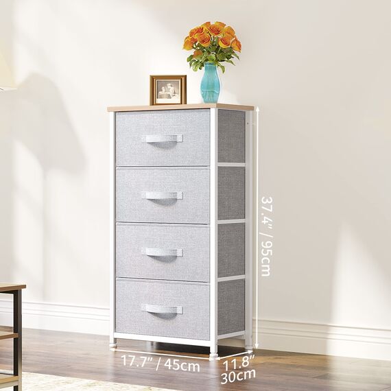 YITAHOME kommode Schmal, Schrank mit 4 Schubladen aus Stoff, Aufbewahrungskommode Modernen Stil für Schlafzimmer, Wohnzimmer,Flur, Hellgrau Aufbewahrungsschrank