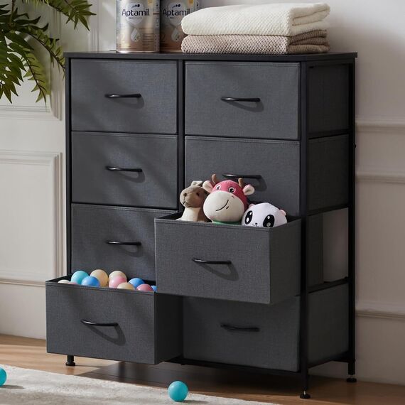 DUMOS Kommode für Schlafzimmer mit 8 Stoffschubladen hohe Kommode Organizer für Kleidung Schrank Kinderzimmer Aufbewahrungsturm mit Schrank Metallrahmen Holzplatte leichte Kinderzimmermöbel