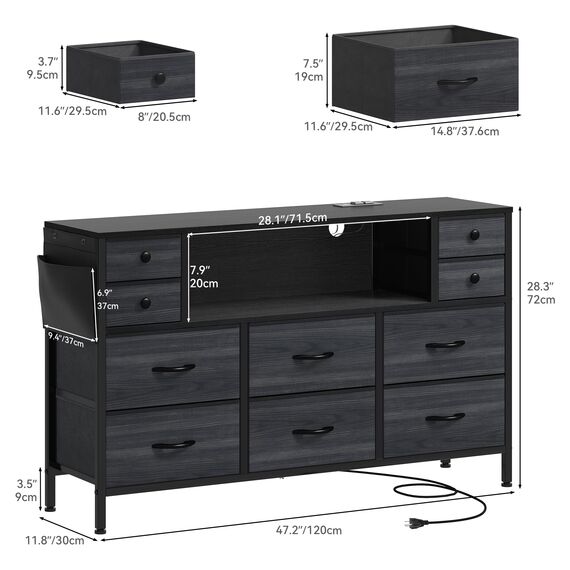 YITAHOME TV-Ständer mit Ladestation, Kommode, TV-Ständer für 140 cm (55 Zoll) Fernseher, Kommode mit 10 Schubladen, Kommode für Schlafzimmer, Media-TV-Konsolentisch mit Seitentaschen und Haken