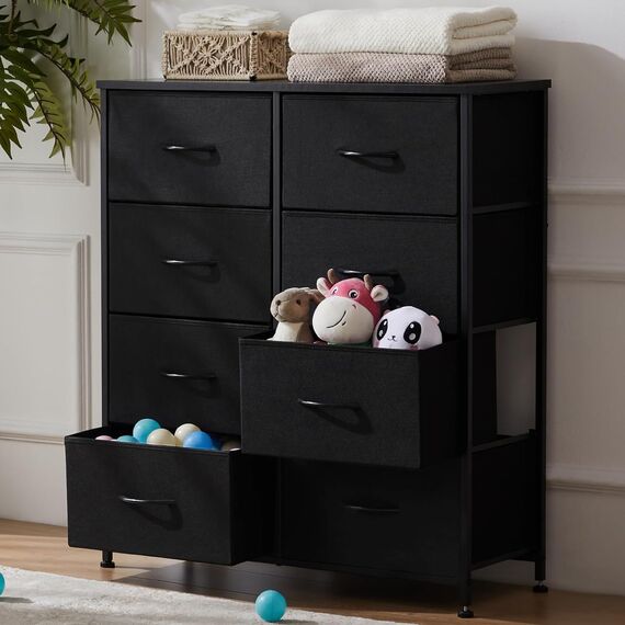 DUMOS Kommode für Schlafzimmer mit 8 Stoffschubladen hohe Kommode Organizer für Kleidung Schrank Kinderzimmer Aufbewahrungsturm mit Schrank Metallrahmen Holzplatte leichte Kinderzimmermöbel