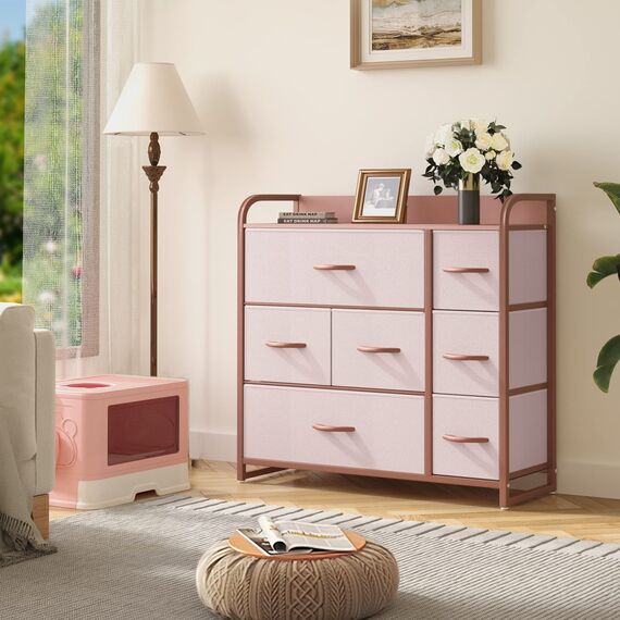 YITAHOME Kommode, Schrank, Aufbewahrungsschrank, 7 Schubladen aus Stoff mit Griffen, Aufbewahrungskommode, Rosa