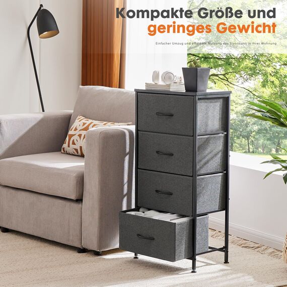 Sweetcrispy Kommode Schrank mit 4 Stoffschubladen, Aufbewahrungsschrank für Schlafzimmer Flur Wohnzimmer, Stabiler Rahmen, verstellbare Füße, Modern Grau