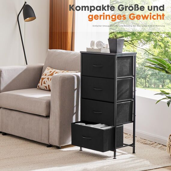 Sweetcrispy Kommode mit 4 Schubladen, Stoff Schubladenschrank, Schmal Schrank, Kommode Schlafzimmer, Industrial Stil für Wohnzimmer, Kinderzimmer, Flur Aufbewahrungsschrank, Schwarze
