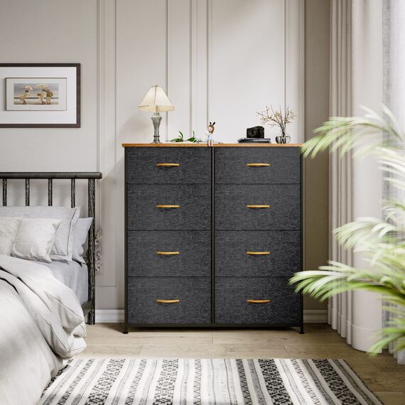YITAHOME kommode, Schrank mit 8 Schubladen aus Stoff, Modernen Stil, Stabiler Metallrahmen, Holztischplatte, Aufbewahrungskommode für Schlafzimmer, Wohnzimmer, Flur, Dunkelgrau