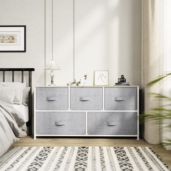 YITAHOME Kommode mit Schubladen, Schrank mit 5 Breiten Schubladen aus Stoff, Aufbewahrungskommode Industrial Stil für Schlafzimmer, Wohnzimmer, Kinderzimmer, Flur, Aufbewahrungsschrank (Hellgrau)