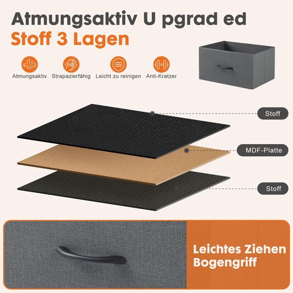 Sweetcrispy Kommode Schrank mit 4 Stoffschubladen, Aufbewahrungsschrank für Schlafzimmer Flur Wohnzimmer, Stabiler Rahmen, verstellbare Füße, Modern Grau