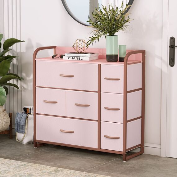 YITAHOME Kommode, Schrank, Aufbewahrungsschrank, 7 Schubladen aus Stoff mit Griffen, Aufbewahrungskommode, Rosa