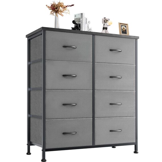 DUMOS Kommode für Schlafzimmer mit 8 Stoffschubladen hohe Kommode Organizer für Kleidung Schrank Kinderzimmer Aufbewahrungsturm mit Schrank Metallrahmen Holzplatte leichte Kinderzimmermöbel