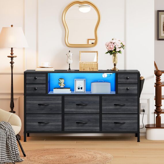 YITAHOME TV-Ständer mit Ladestation, Kommode, TV-Ständer für 140 cm (55 Zoll) Fernseher, Kommode mit 10 Schubladen, Kommode für Schlafzimmer, Media-TV-Konsolentisch mit Seitentaschen und Haken