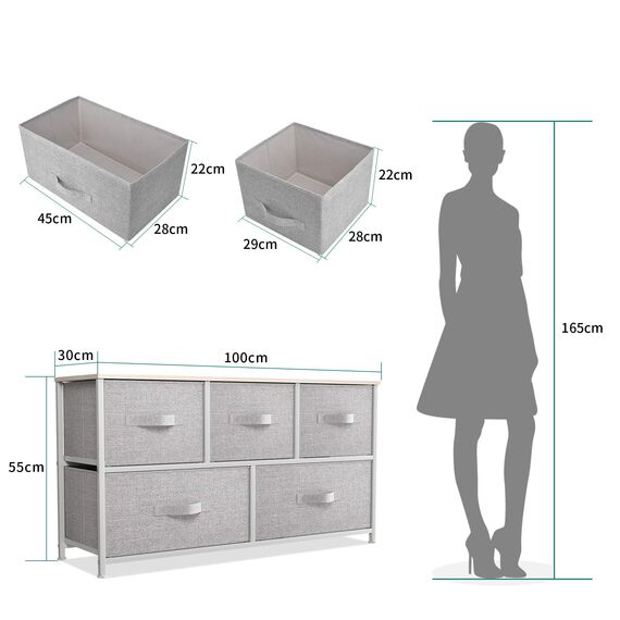 YITAHOME Kommode mit Schubladen, Schrank mit 5 Breiten Schubladen aus Stoff, Aufbewahrungskommode Industrial Stil für Schlafzimmer, Wohnzimmer, Kinderzimmer, Flur, Aufbewahrungsschrank (Hellgrau)