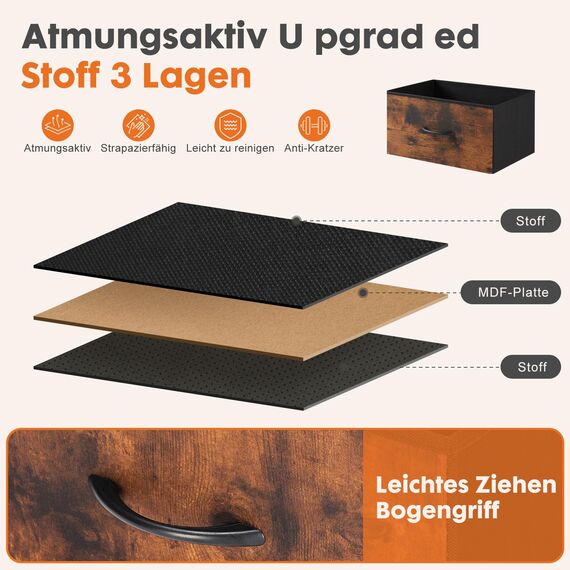 Sweetcrispy Kommode mit 4 Schubladen, Stoff Schubladenschrank, Schmal Schrank, Kommode Schlafzimmer, Industrial Stil für Wohnzimmer, Kinderzimmer, Flur Aufbewahrungsschrank, Antike Holzfarbe
