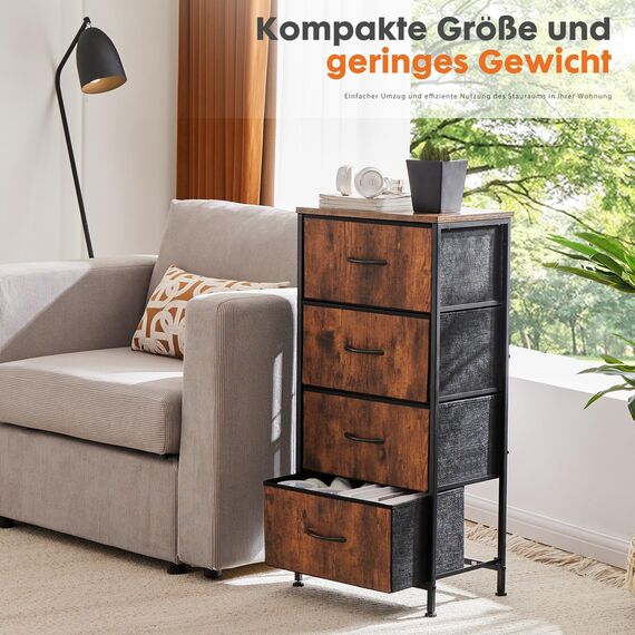 Sweetcrispy Kommode mit 4 Schubladen, Stoff Schubladenschrank, Schmal Schrank, Kommode Schlafzimmer, Industrial Stil für Wohnzimmer, Kinderzimmer, Flur Aufbewahrungsschrank, Antike Holzfarbe