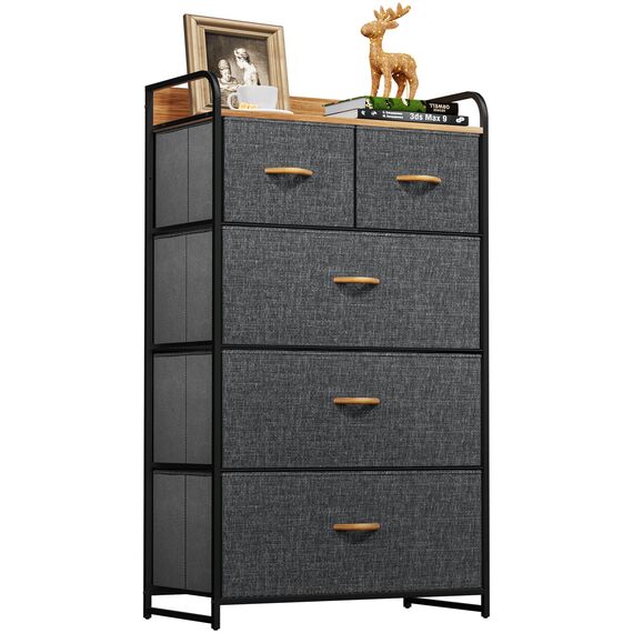 YITAHOME Kommode mit 5 Schubladen, Schrank mit Schubladen aus Stoff, Aufbewahrungskommode Industrial Stil für Schlafzimmer, Wohnzimmer, Kinderzimmer, Aufbewahrungsschrank (Dunkelgrau)