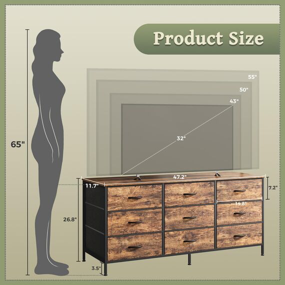 Huuger Kommode mit 9 Schubladen, 119,9 cm Kommode, TV-Ständer für 127,7 cm, 139,7 cm (50 Zoll), Unterhaltungszentrum mit Schubladen, für Schlafzimmer, Schrank, rustikales Braun