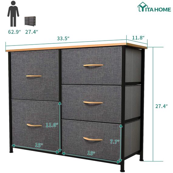 YITAHOME Kommode mit Schubladen, Schrank mit 5 Schubladen aus Stoff, Aufbewahrungskommode Industrial Stil für Schlafzimmer, Wohnzimmer, Kinderzimmer, Flur, Aufbewahrungsschrank (Dunkelgrau)