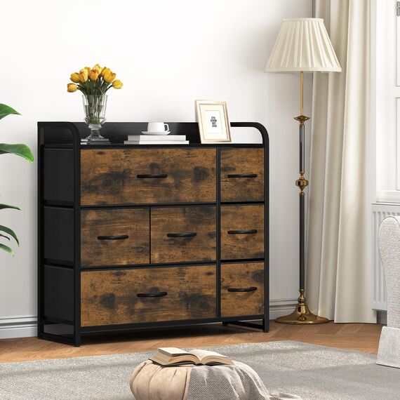 YITAHOME kommode mit Schubladen, Schrank mit 7 Schubladen aus Stoff, Aufbewahrungskommode Modernen Stil für Schlafzimmer, Wohnzimmer,Flur, rustikal braun