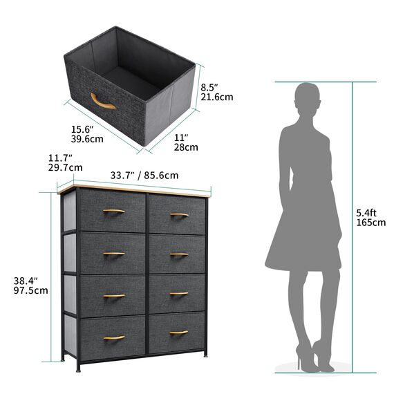 YITAHOME Kommode mit Schubladen, Schrank mit 8 Schubladen aus Stoff, Aufbewahrungskommode Industrial Stil für Schlafzimmer, Wohnzimmer, Kinderzimmer, Flur, Aufbewahrungsschrank (Dunkelgrau)
