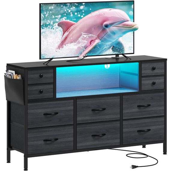 YITAHOME TV-Ständer mit Ladestation, Kommode, TV-Ständer für 140 cm (55 Zoll) Fernseher, Kommode mit 10 Schubladen, Kommode für Schlafzimmer, Media-TV-Konsolentisch mit Seitentaschen und Haken