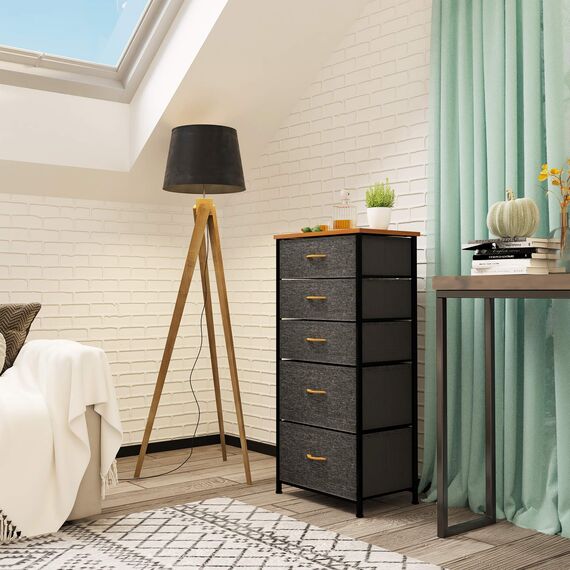YITAHOME kommode Schmal, Schrank mit 5 Schubladen aus Stoff, Aufbewahrungskommode Industrial Stil für Schlafzimmer, Wohnzimmer,Flur, Dunkelgrau Aufbewahrungsschrank