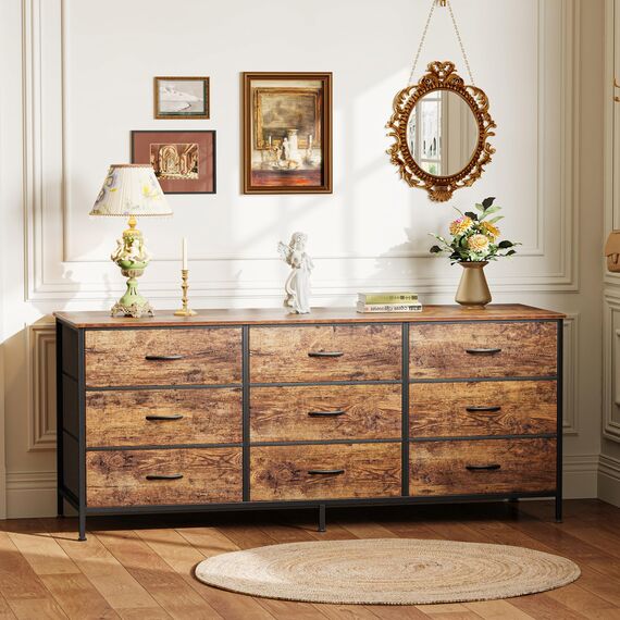 Huuger Kommode mit 9 Schubladen, 55 Zoll TV-Ständer für 139,7 cm (55 Zoll) Fernseher, Unterhaltungszentrum mit Schubladen, großer Stauraum, Stoffkommode für Schlafzimmer, Schrank, rustikales Braun